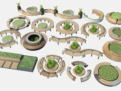 Various Wooden Tree Planters With Circular Curved Designs And Green Plants For Landscaping 3d model