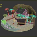 Scenic Beach Landscape With Small House Palm Trees Boat Tent And Rocky Hill