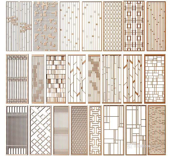 Diverse Decorative Partition Designs With Geometric Patterns And Wooden Grilles 3d model