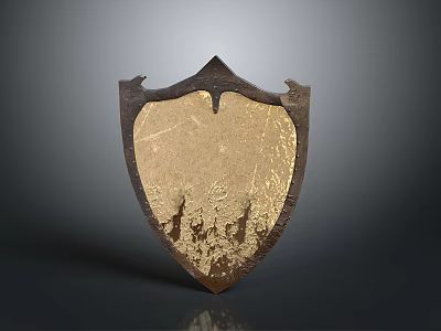Antique Iron Shield with Gold Finish and Rustic Carved Details in Medieval Style 3d model
