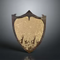 Antique Iron Shield with Gold Finish and Rustic Carved Details in Medieval Style