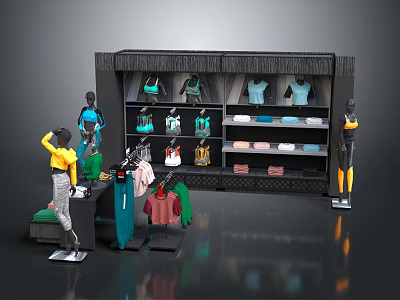 Retail Clothing Display Shelves with Hanging Apparel Folded Clothes and Mannequins in Modern Store Setup 3d model