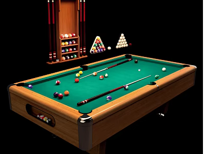 Billiard Table With Colored Balls Wooden Cues And Triangle Rack Sports Equipment 3d model