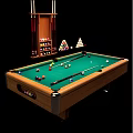 Billiard Table With Colored Balls Wooden Cues And Triangle Rack Sports Equipment