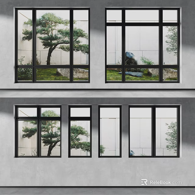 Modern Casement Windows with Black Frame and Pine Tree Stone Garden View 3d model 