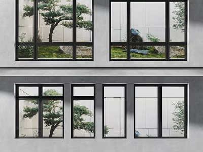 Modern Casement Windows with Black Frame and Pine Tree Stone Garden View 3d model