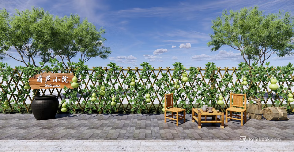 Lush Gourd Vine Covered Trellis Fence In Courtyard With Wooden Chairs And Table 3d model 