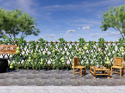 Lush Gourd Vine Covered Trellis Fence In Courtyard With Wooden Chairs And Table 3d model