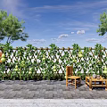 Lush Gourd Vine Covered Trellis Fence In Courtyard With Wooden Chairs And Table
