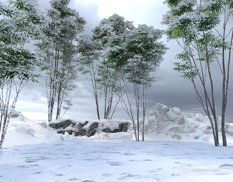 Snow Covered Arbor Trees In Winter Scene With Snowy Ground Rocks And Overcast Sky 3d model 