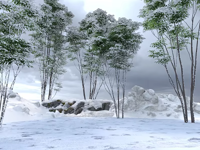 Snow Covered Arbor Trees In Winter Scene With Snowy Ground Rocks And Overcast Sky 3d model