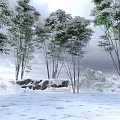 Snow Covered Arbor Trees In Winter Scene With Snowy Ground Rocks And Overcast Sky
