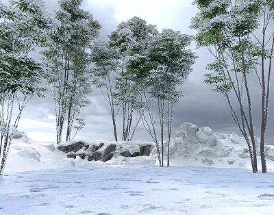 Snow Covered Arbor Trees In Winter Scene With Snowy Ground Rocks And Overcast Sky 3d model