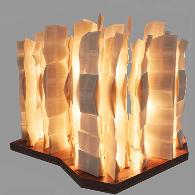 Folded Book Pages Installation With Warm Light Glow And Wooden Base 3d model