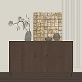 Wooden Console Cabinet with Multiple Doors Drawers Vases Dried Branches Decorative Panel Wall 3d model
