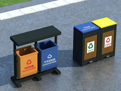 Public Facilities Sorted Trash Bins With Orange Blue Yellow Containers And Wooden Panels 3d model