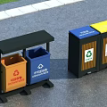 Public Facilities Sorted Trash Bins With Orange Blue Yellow Containers And Wooden Panels