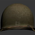 Vintage Worn Military Helmet With Olive Green Scratched Surface And Chin Strap