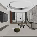 Sleek Modern Open Plan Living And Dining Room With Unique Starry Ceiling And Comfortable Furniture