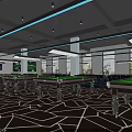 Modern Billiard Room Interior With Multiple Green Tables Ceiling Lights And Geometric Flooring 3d model