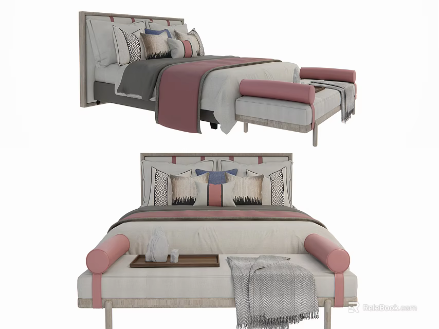 Modern Double Bed Design With Upholstered Headboard Bench And Decorative Pillows 3d model