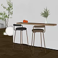 Modern Bar Counter With Wooden Top Two Leather Stools And Green Plant Decor