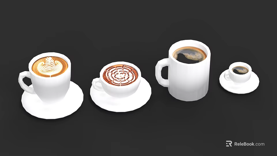 Different Coffee Cups With Latte Art And Black Coffee On Black Background 3d model 
