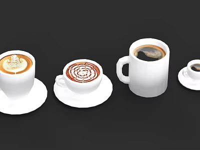 Different Coffee Cups With Latte Art And Black Coffee On Black Background 3d model