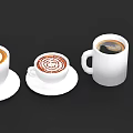 Different Coffee Cups With Latte Art And Black Coffee On Black Background