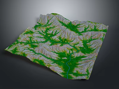 3D Mountain Landscape Model Covered With Green Vegetation And Flowing River 3d model