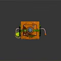 Cartoon Orange Robot Character With Blue Top Holding Green Bottle And Striped Legs