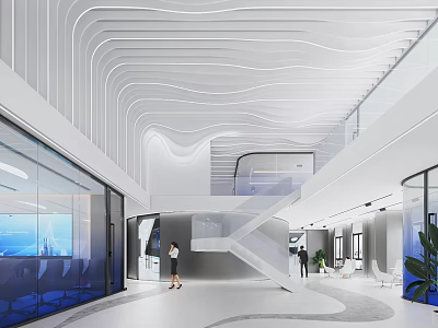 Modern Public Office Space With Wavy White Ceiling Open Layout And Glass Partitions 3d model