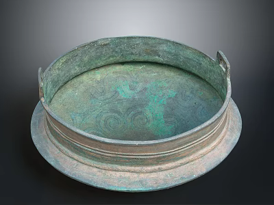 Ancient Bronze Sculpture Carving With Circular Shape Two Handles Greenish Patina And Decorative Engravings 3d model