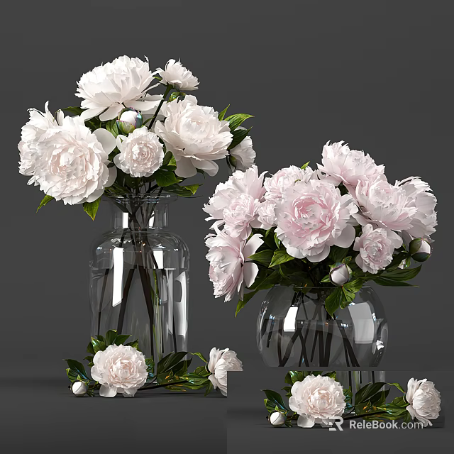 White And Pink Peonies In Glass Vases With Fresh Green Leaves And Blooms 3d model 