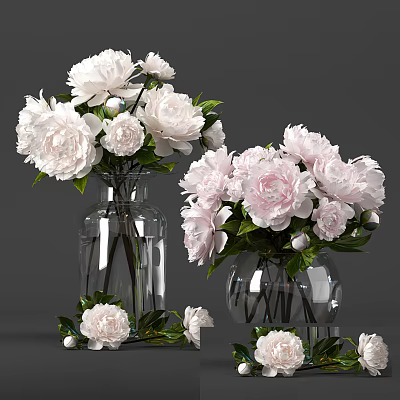 White And Pink Peonies In Glass Vases With Fresh Green Leaves And Blooms 3d model