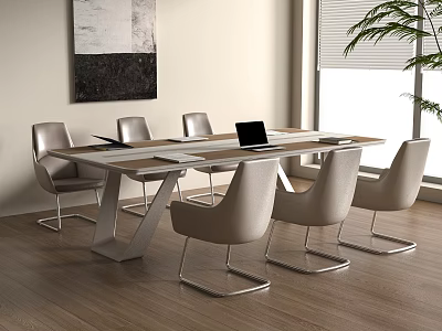 Sleek Modern Conference Table With Gray Chairs Laptop Artwork And Indoor Plant 3d model