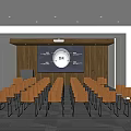 Modern Conference Room Interior With Arranged Chairs Large Screen Wooden Backdrop Windows And Ceiling Lights