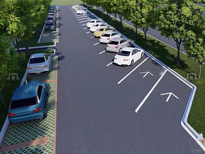 Ecological Parking Lot With Lined Trees Parked Cars And Directional Arrows 3d model