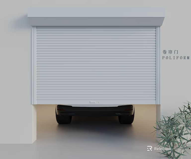 Poliform Roller Shutter Door With Car Parked Under And Green Plant 3d model