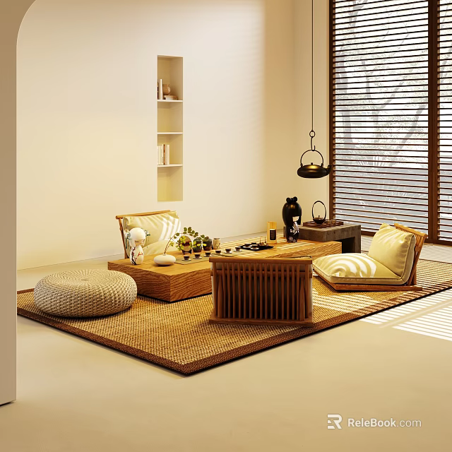 Bamboo Tea Table And Chairs With Rattan Mat Floor Cushions In Minimalist Style 3d model 