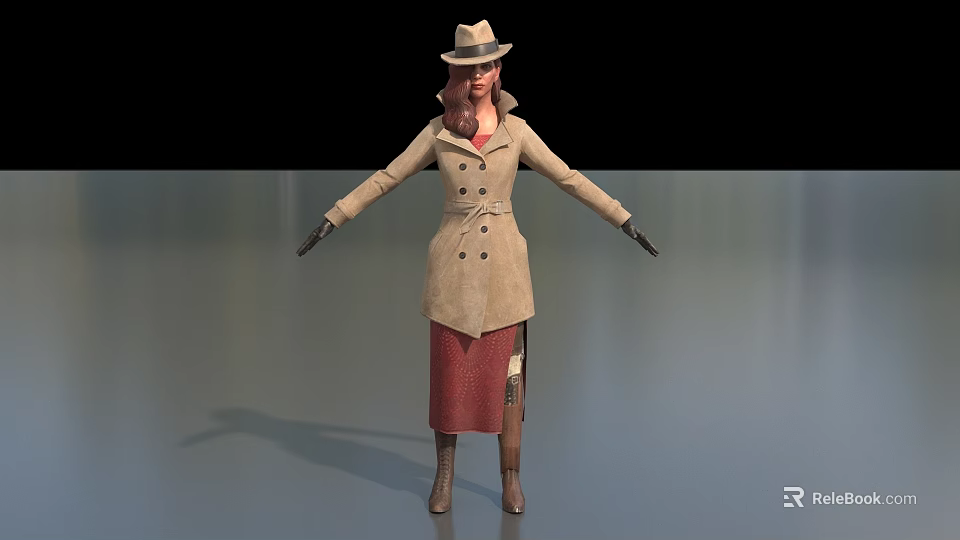 Female Game Movie Character in Beige Trench Coat Hat Red Skirt Black Gloves Brown Boots 3d model 