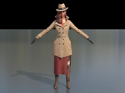 Female Game Movie Character in Beige Trench Coat Hat Red Skirt Black Gloves Brown Boots 3d model