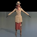 Female Game Movie Character in Beige Trench Coat Hat Red Skirt Black Gloves Brown Boots