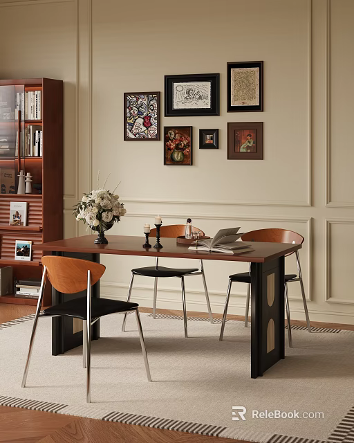 Modern Dining Table Set with Flower Vase Candles Books Chairs Wall Art and Bookshelf 3d model 