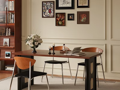 Modern Dining Table Set with Flower Vase Candles Books Chairs Wall Art and Bookshelf 3d model