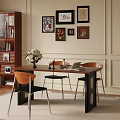 Modern Dining Table Set with Flower Vase Candles Books Chairs Wall Art and Bookshelf