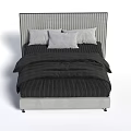 Double Bed with Striped Headboard Grey White Pillows Black Striped Bedspread and Grey Base 3d model