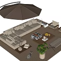 Outdoor Sofa on Wooden Deck with Sunshade Leisure Chairs Coffee Table and Plants