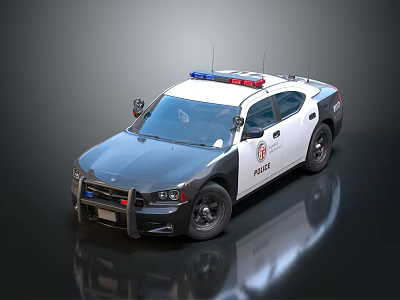 Black And White Police Sedan With Red Blue Lights And Police Emblem 3d model