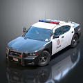 Black And White Police Sedan With Red Blue Lights And Police Emblem